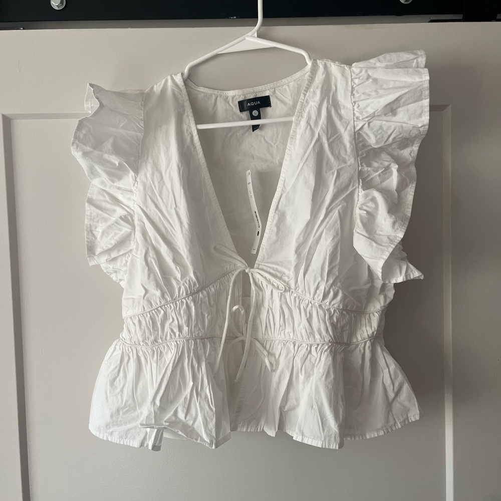 NWT Aqua White Ruffle Sleeve Blouse